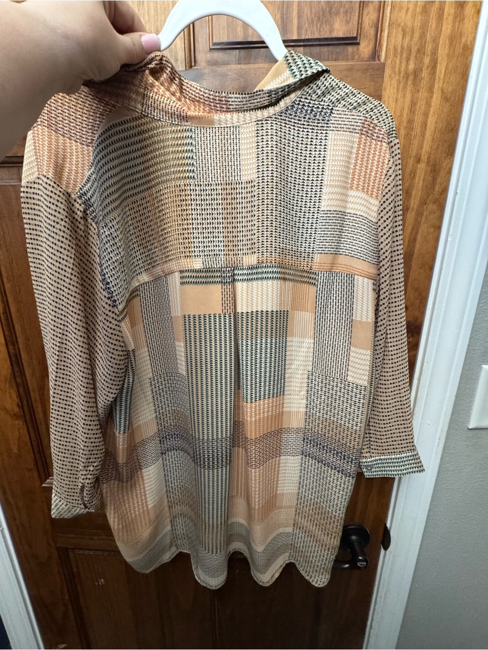 Rose & Olive Beige, Cream & Taupe Patchwork Button-Down Top - Picture 6 of 6